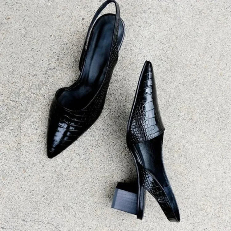 Amberly - Retro Pointed Slingback Heels with Chunky Block Heel