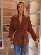 Autumn Women's Long Sleeve Suede Jacket with Belt and Pockets