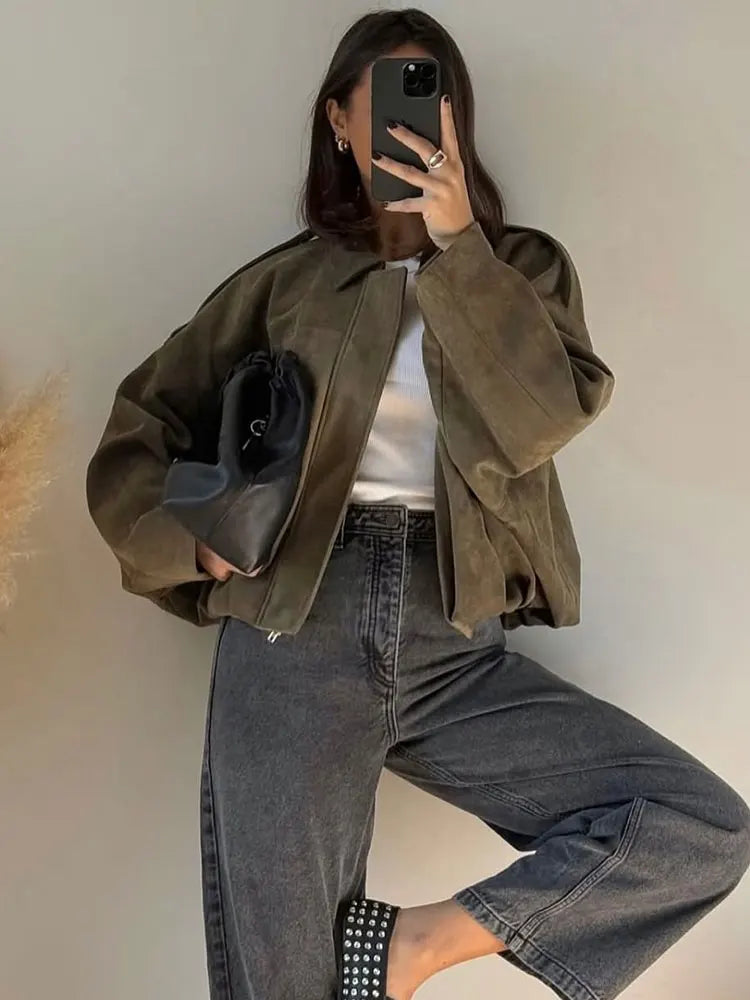 Brown and Green Women's Suede Bomber Jacket – Vintage-Inspired Casual Motorcycle Jacket with Zip Closure