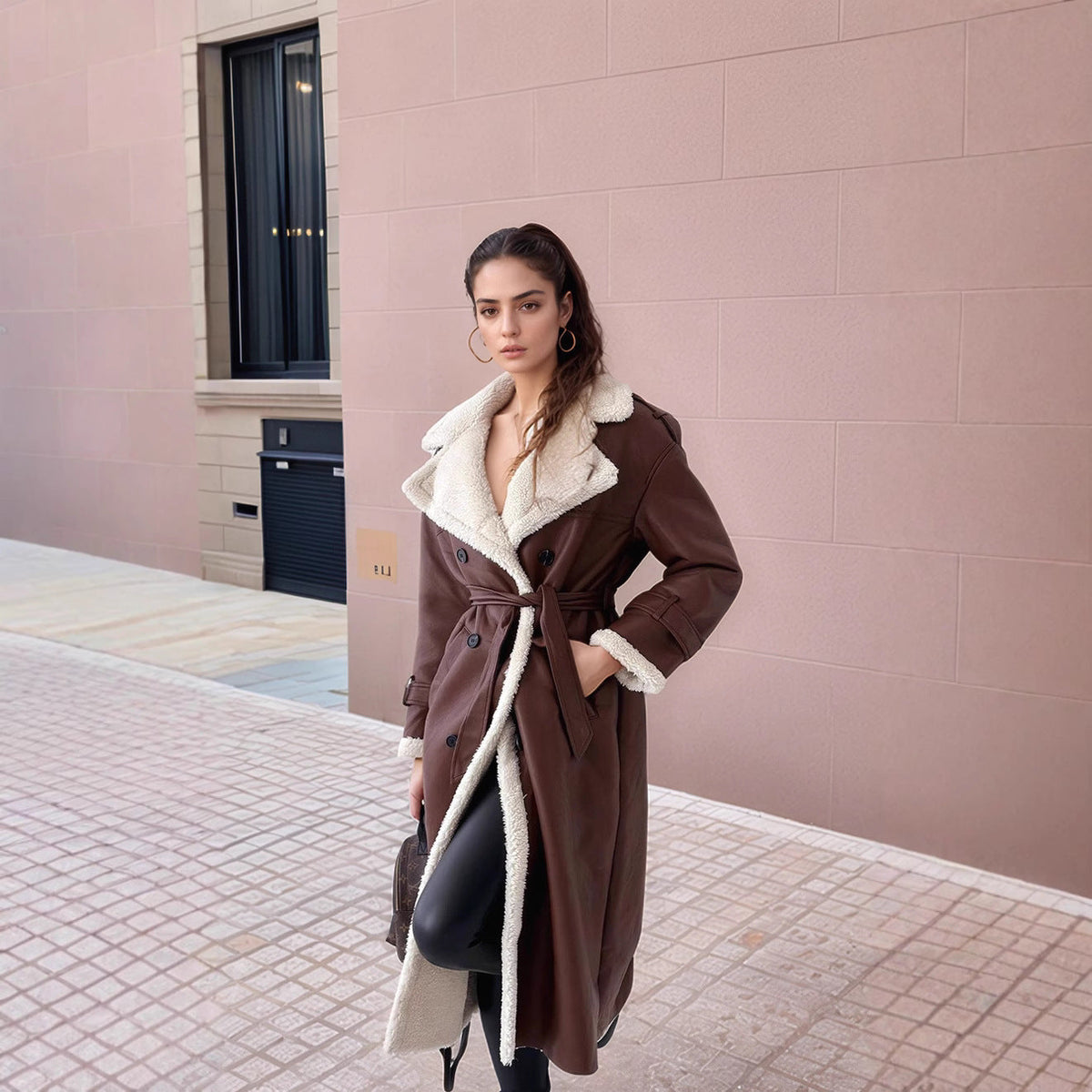 Women's Plush-Lined Long Leather Coat with Wide Lapels – Versatile Winter Outerwear for Formal and Casual Wear