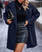 Womens Loose-Fit Knee-Length Double-Breasted Wool Coat for Winter