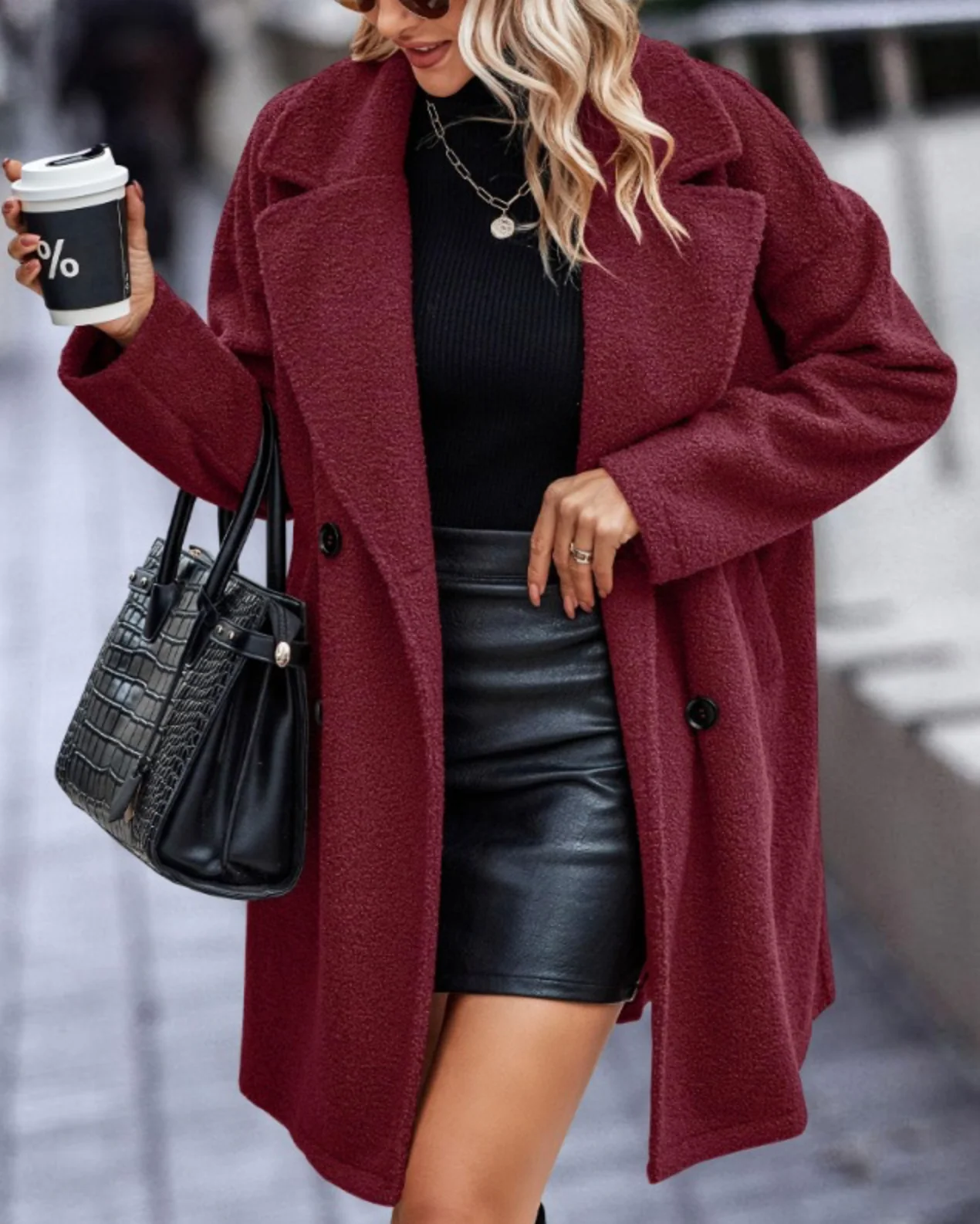 Womens Loose-Fit Knee-Length Double-Breasted Wool Coat for Winter