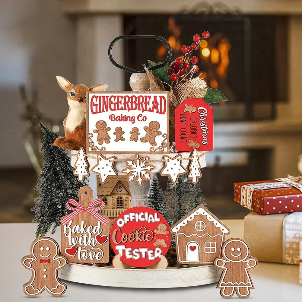 12-Piece Rustic Wooden Christmas Ornament Set – Perfect for Wall and Tray Home Décor