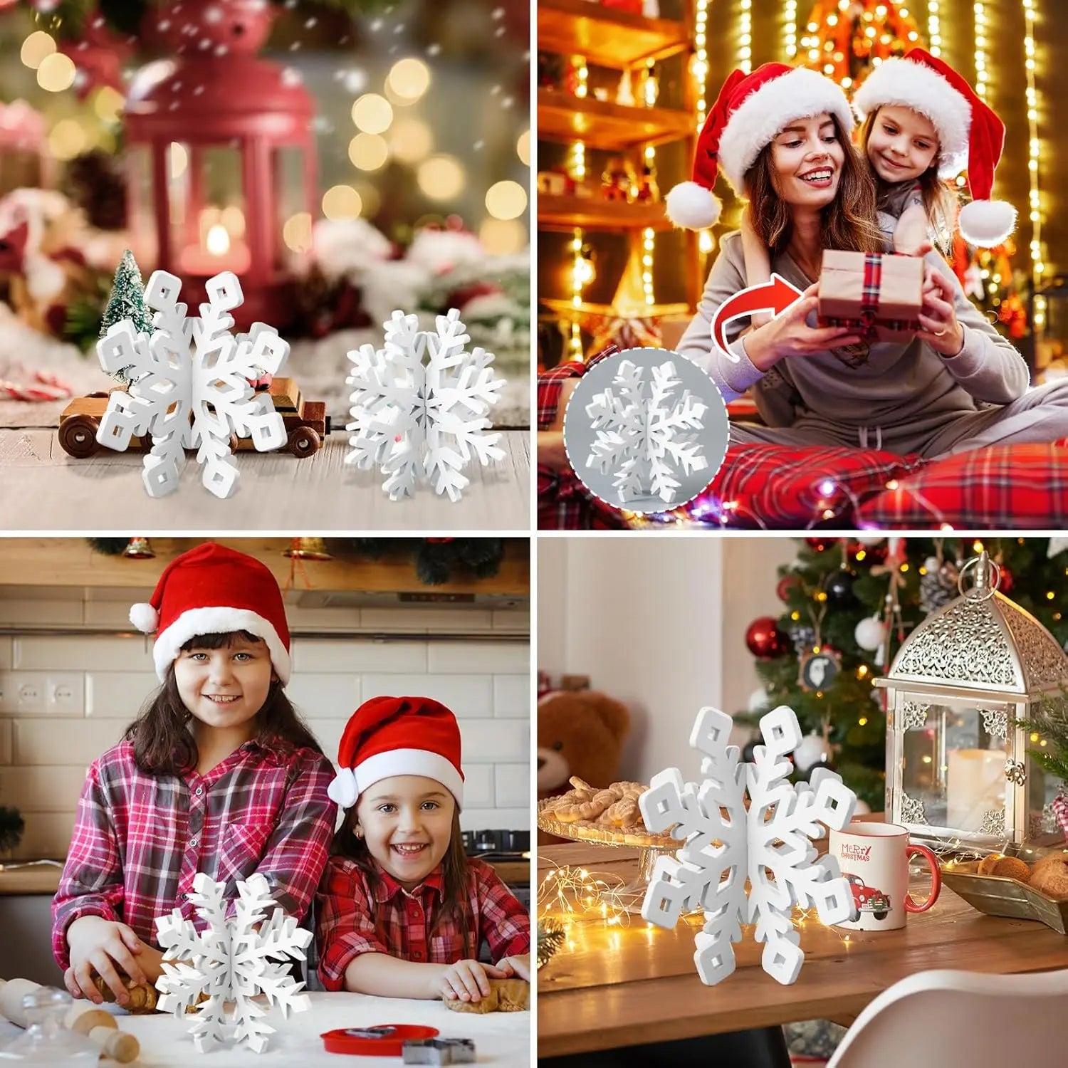 Set of 6 White Wooden Snowflake Christmas Ornaments for Table Decor