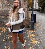 Women's Leather Fleece Vest with Pockets for Fall