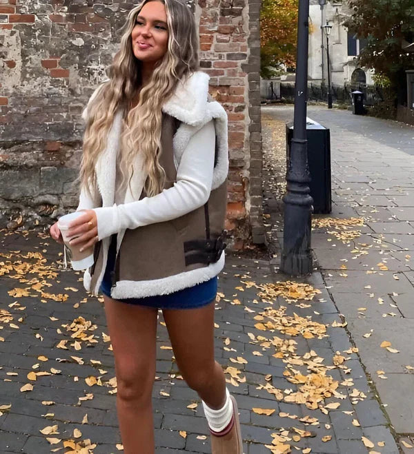 Women's Leather Fleece Vest with Pockets for Fall