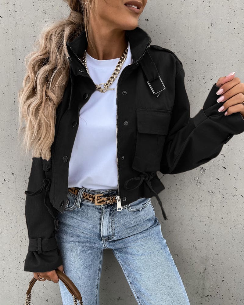 Womens Cropped Bomber Jacket with Pockets, Drawstring, and High Collar