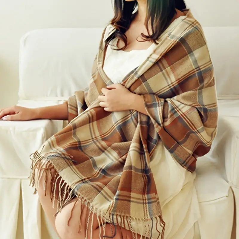 Oversized Luxe Checked Winter Scarf with Fringes