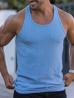 Bram | Solid Color Striped Knit Round Neck Tank Top