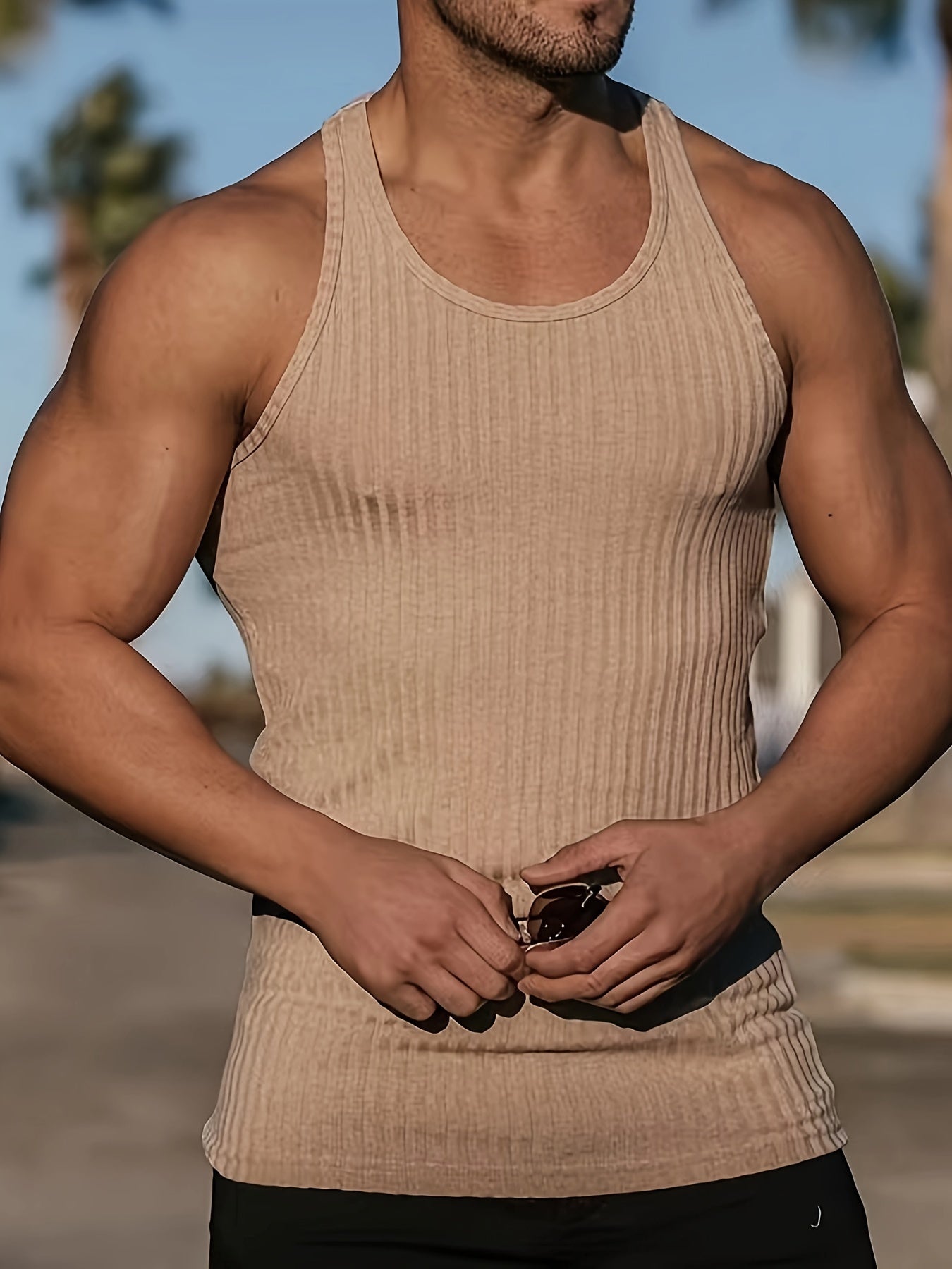 Bram | Solid Color Striped Knit Round Neck Tank Top