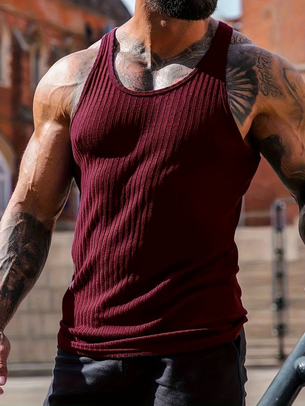 Bram | Solid Color Striped Knit Round Neck Tank Top