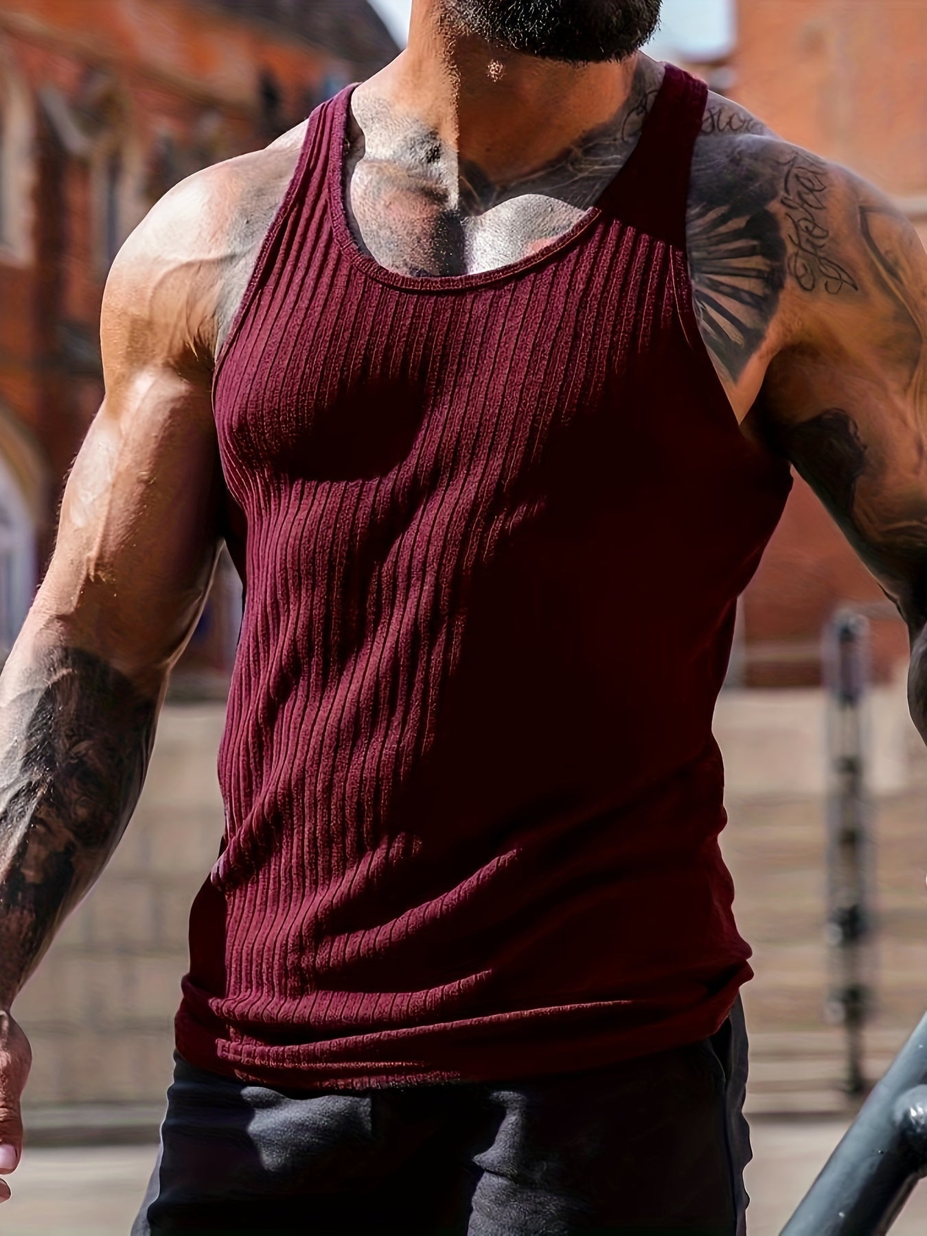 Bram | Solid Color Striped Knit Round Neck Tank Top