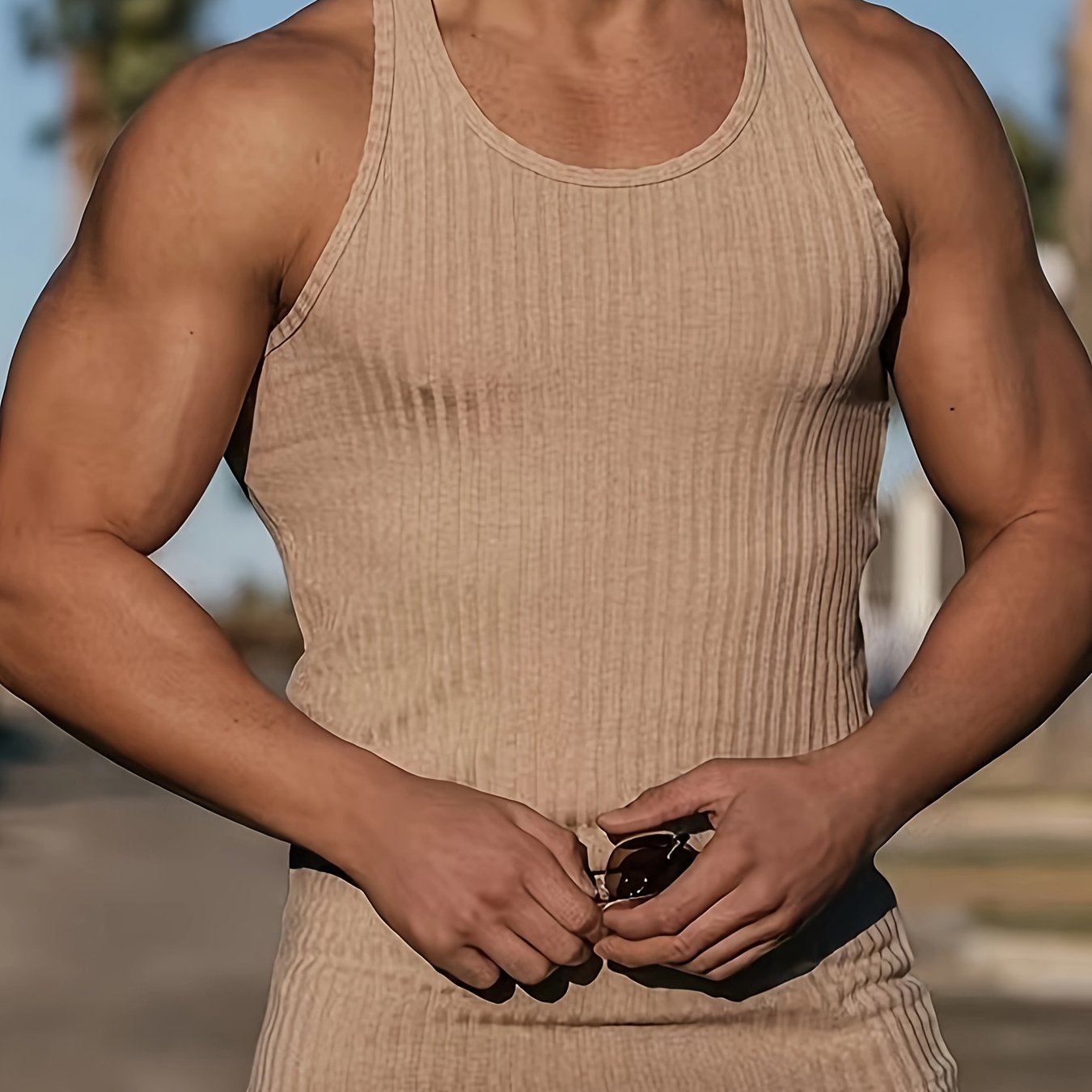 Bram | Solid Color Striped Knit Round Neck Tank Top