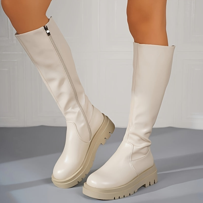Women's White Knee-High Zip Boots with Non-Slip Sole