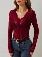 Annelot - Long Sleeve Lace Bodysuit with Deep V-Neck