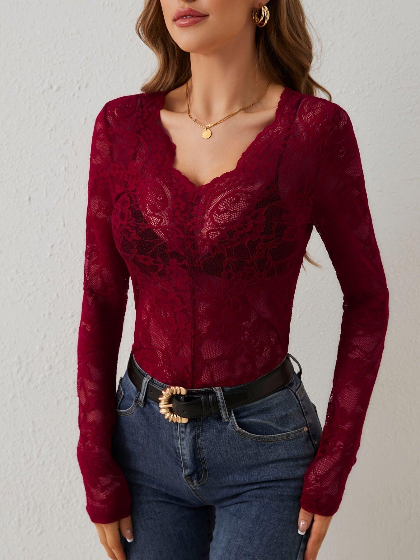 Annelot - Long Sleeve Lace Bodysuit with Deep V-Neck