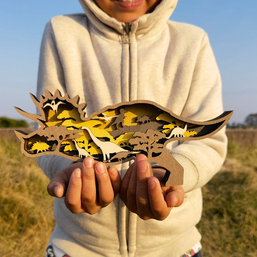Intricately Engraved 3D Wooden Dinosaur Figurines