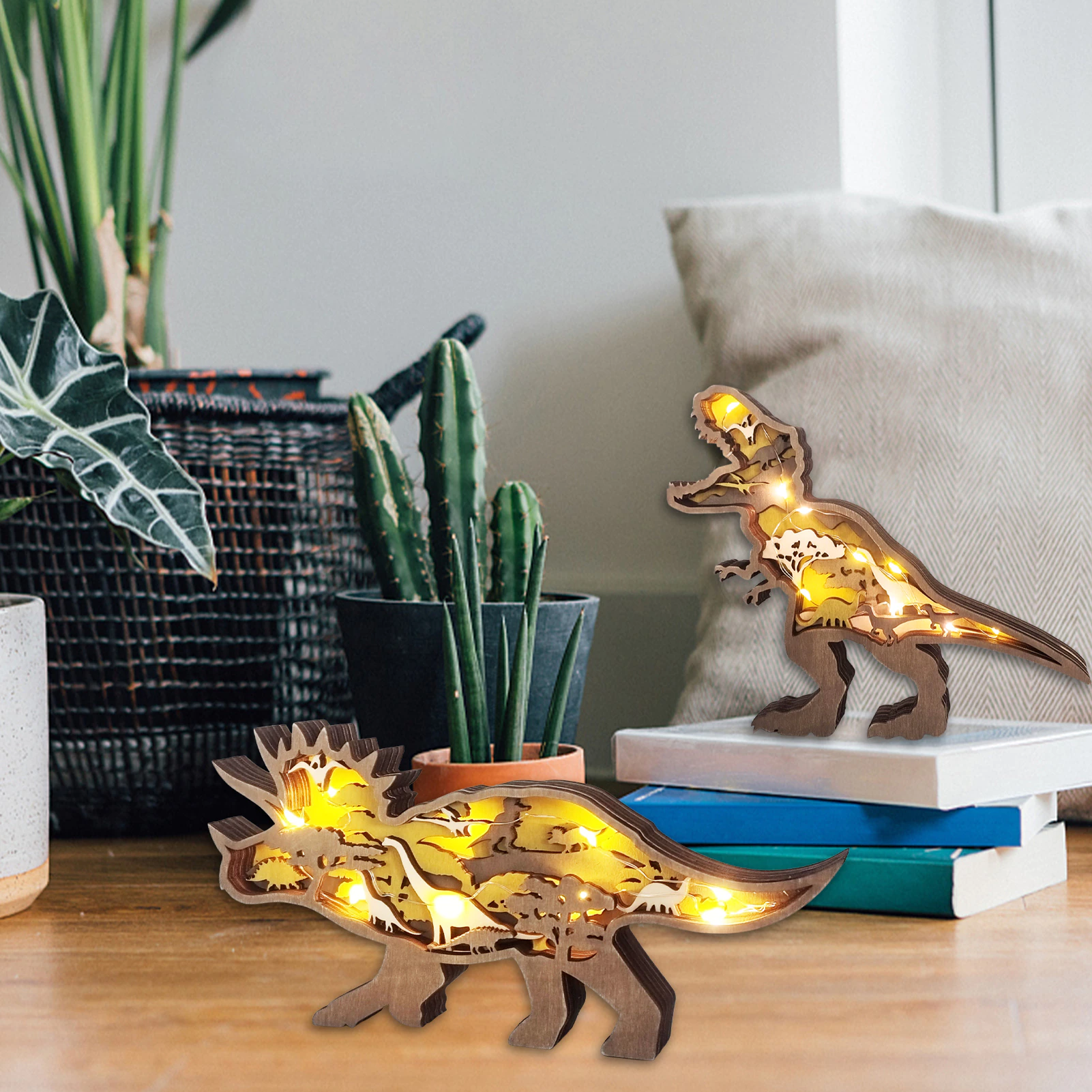 Intricately Engraved 3D Wooden Dinosaur Figurines