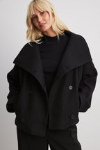 Wool Blend Double-Breasted Peacoat for Women with Wide Sleeves