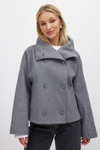 Wool Blend Double-Breasted Peacoat for Women with Wide Sleeves