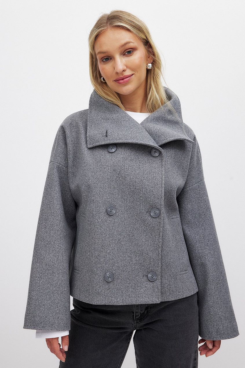 Wool Blend Double-Breasted Peacoat for Women with Wide Sleeves
