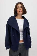 Wool Blend Double-Breasted Peacoat for Women with Wide Sleeves