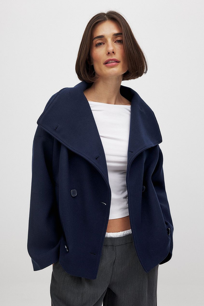 Wool Blend Double-Breasted Peacoat for Women with Wide Sleeves