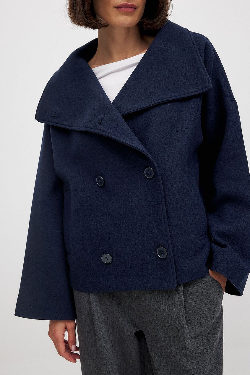 Wool Blend Double-Breasted Peacoat for Women with Wide Sleeves