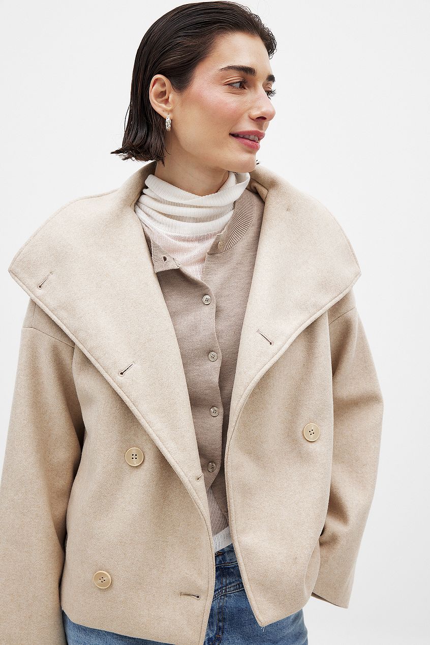 Wool Blend Double-Breasted Peacoat for Women with Wide Sleeves