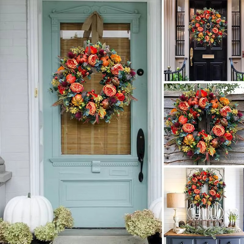 40 cm Autumn Wreath with Peony Flowers and Pumpkins - Perfect Door Decor