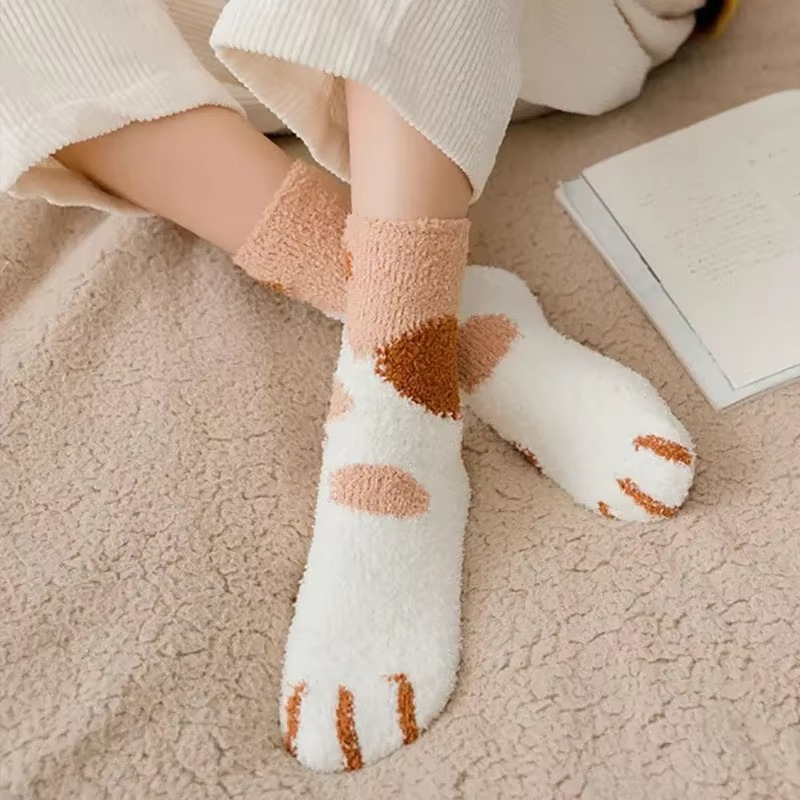 Cozy Winter Plush Socks with Cat Paw Design and Whimsical Animal Prints