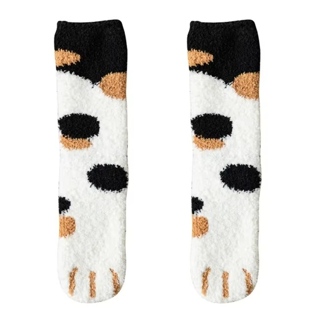 Cozy Winter Plush Socks with Cat Paw Design and Whimsical Animal Prints