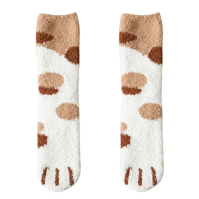 Cozy Winter Plush Socks with Cat Paw Design and Whimsical Animal Prints