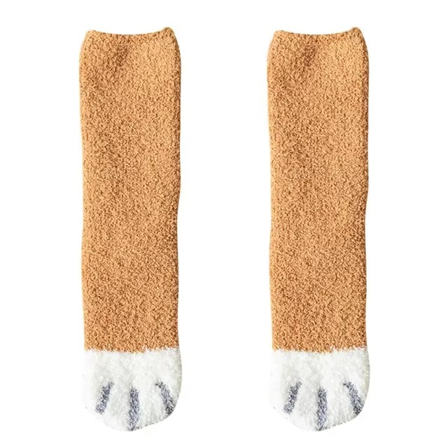 Cozy Winter Plush Socks with Cat Paw Design and Whimsical Animal Prints