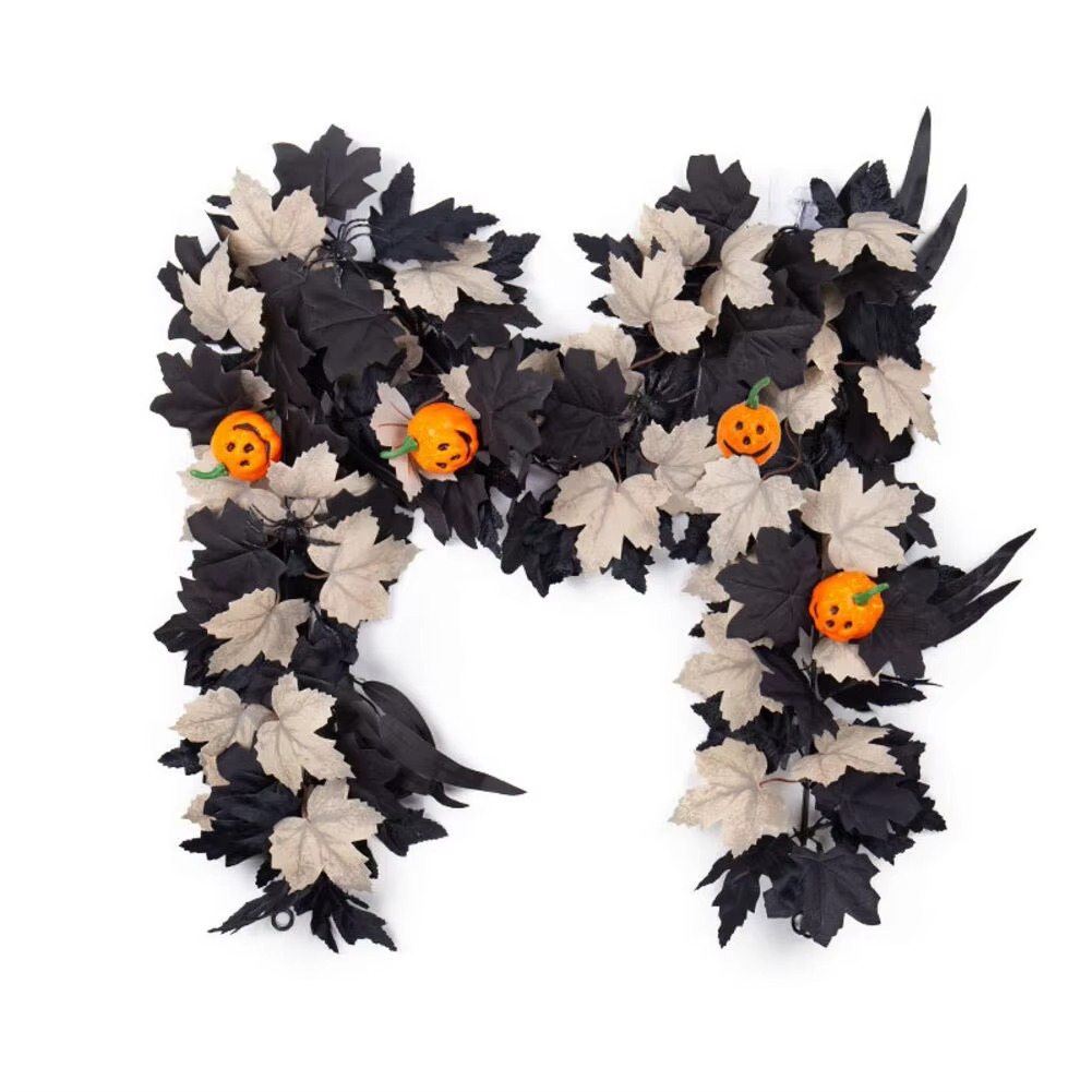 Halloween Garland with Black and Cream Foliage — Pumpkin and Spider Decor (175 cm)