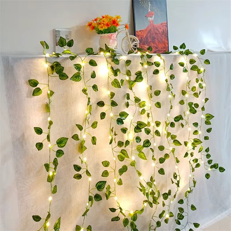 Battery-Powered String Lights Featuring Leaf and Flower Garland Design