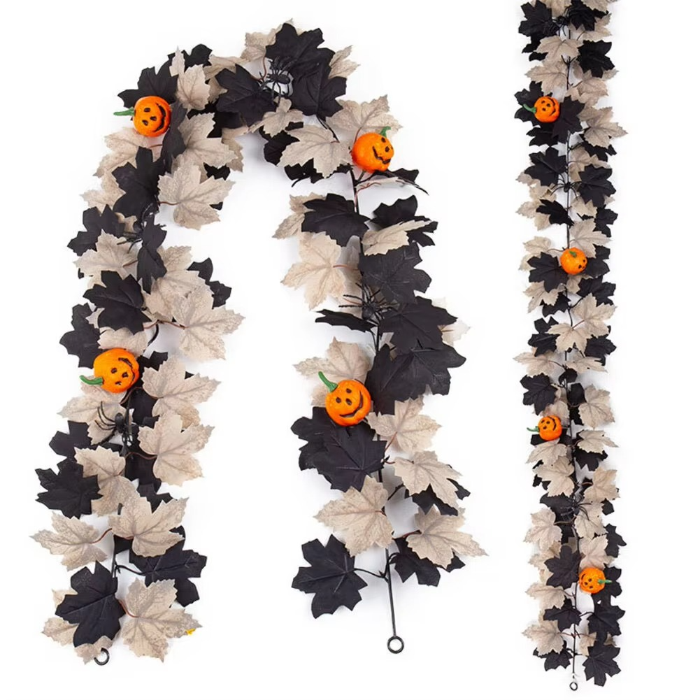 Halloween Garland with Black and Cream Foliage — Pumpkin and Spider Decor (175 cm)