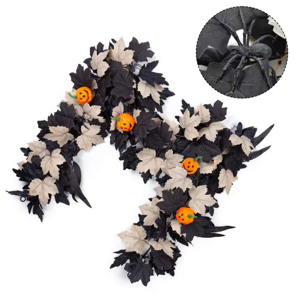 Halloween Garland with Black and Cream Foliage — Pumpkin and Spider Decor (175 cm)