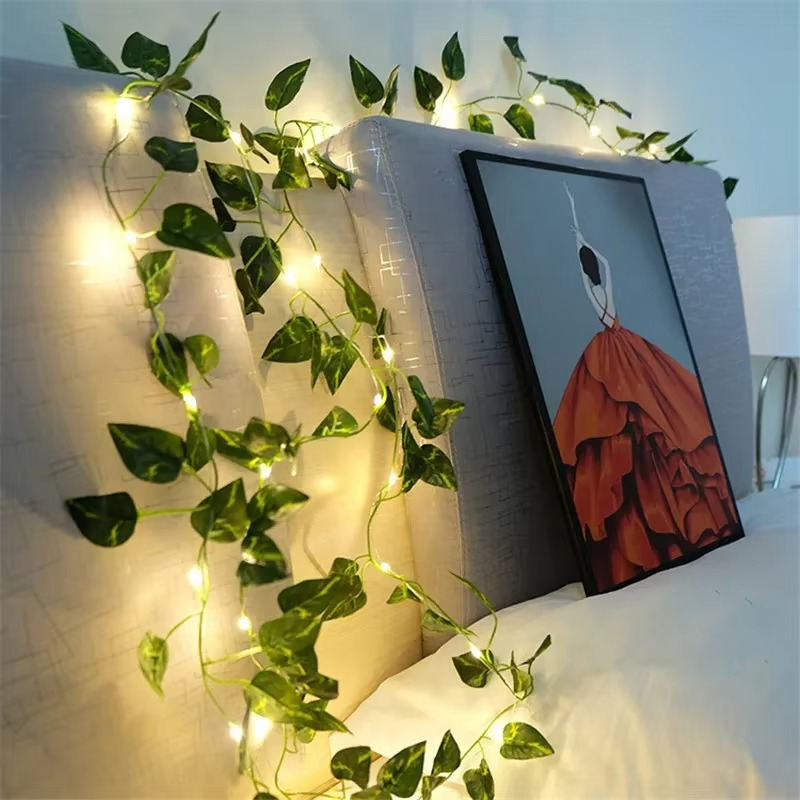 Battery-Powered String Lights Featuring Leaf and Flower Garland Design