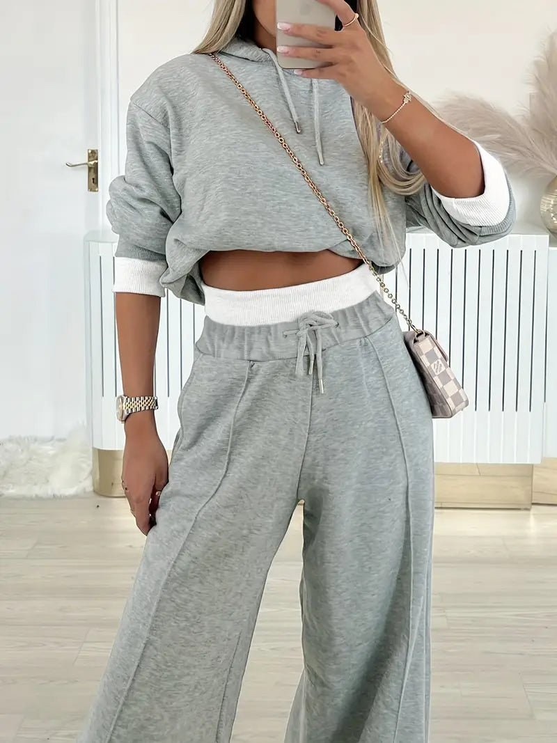 Women's Two-Piece Tracksuit Set - Hoodie and Wide-Leg Pants
