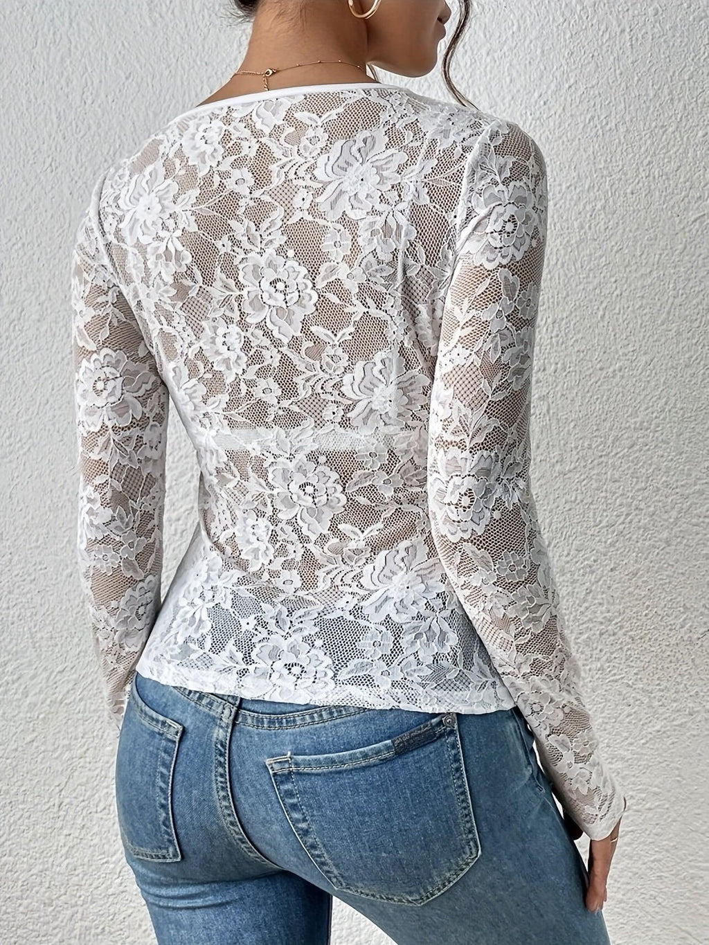 Annelot - Long Sleeve Lace Bodysuit with Deep V-Neck