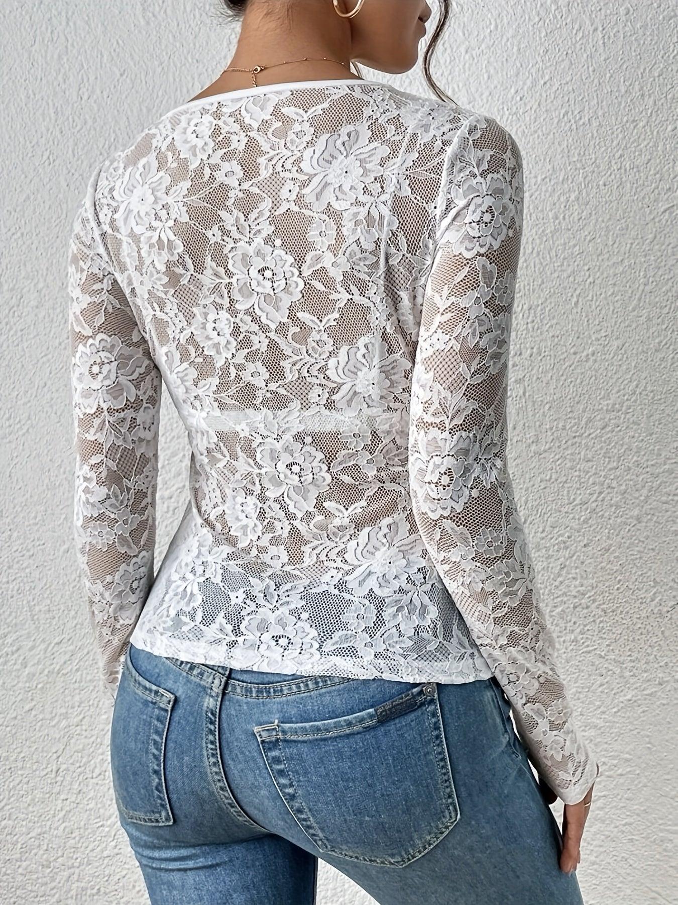Annelot - Long Sleeve Lace Bodysuit with Deep V-Neck