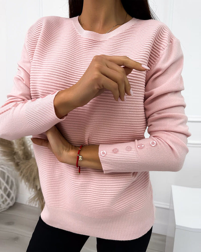 Button-Detail Round Neck Sweater