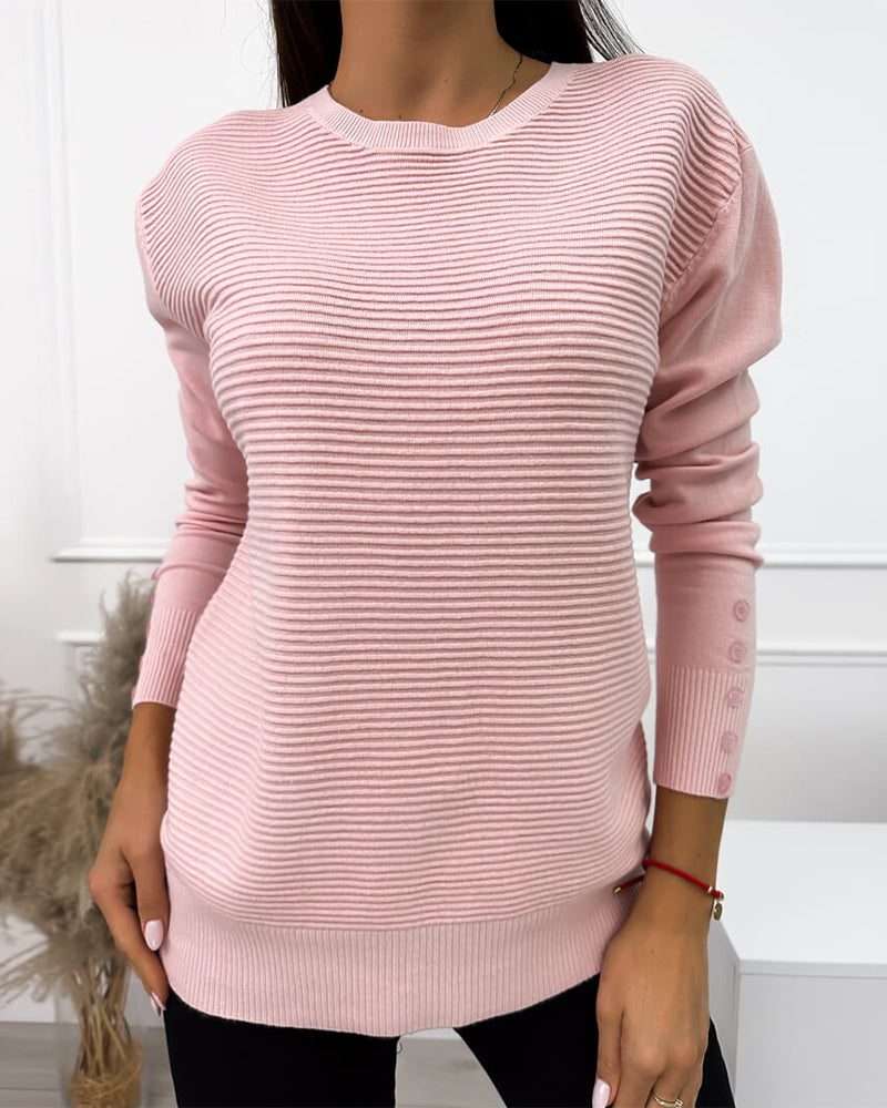Button-Detail Round Neck Sweater