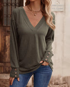 Solid V-Neck Top with Button Details and Long Sleeves