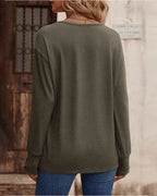 Solid V-Neck Top with Button Details and Long Sleeves