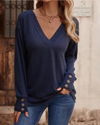 Solid V-Neck Top with Button Details and Long Sleeves