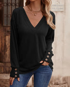 Solid V-Neck Top with Button Details and Long Sleeves