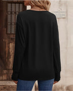 Solid V-Neck Top with Button Details and Long Sleeves