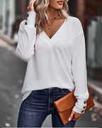 Solid V-Neck Top with Button Details and Long Sleeves